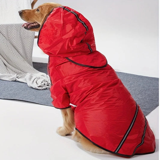 Gros chien de couleur roux portant un imper de couleur rouge dans un fond blanc. Image produit Boutiquechien