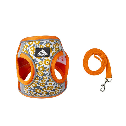 Harnais chiot de couleur orange à pâquerette. La laisse est avec de même couleur que le harnais petit chien. Image produit Boutiquechien 