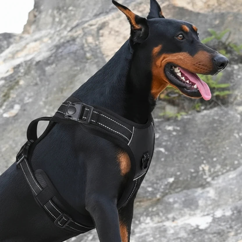 Harnais anti traction chien trixie noir porte par un doberman noir et brun Image
