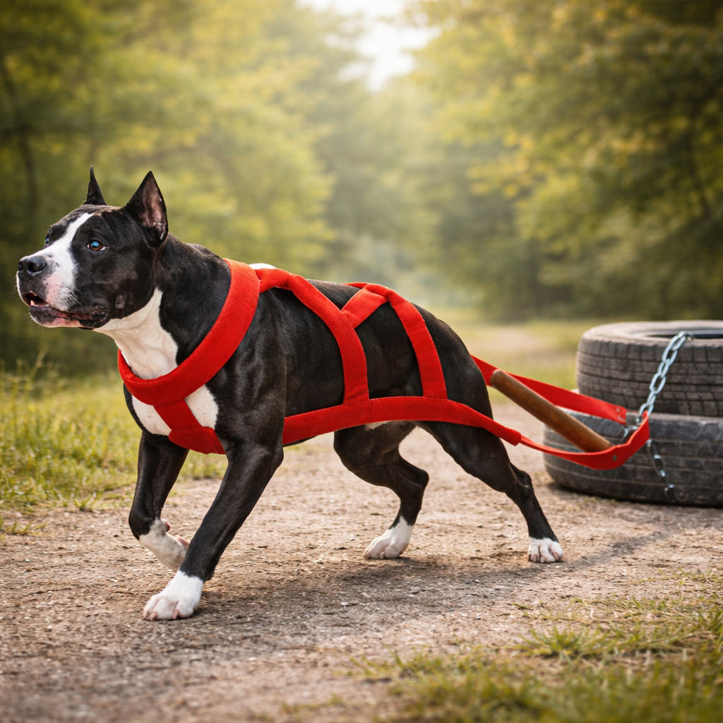 Harnais canicross boxer rouge tirant des pneus sur un chemin  Image