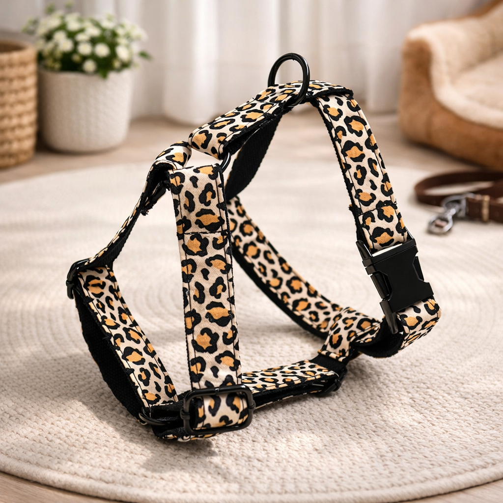 Harnais chien leopard dans un salon claire  Image