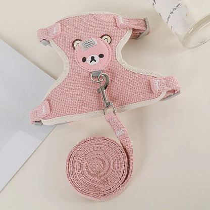 Harnais chien de couleur rose avec ourson de couleur gris. Image produit Boutiquechien