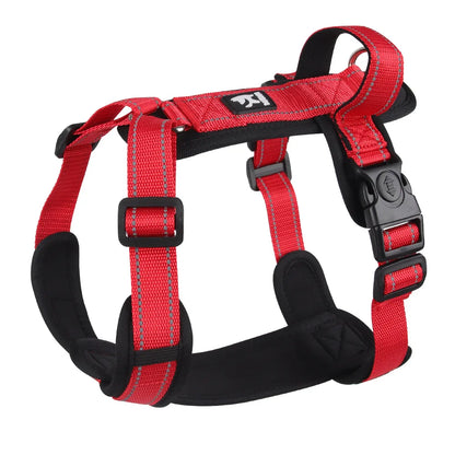 Harnais chien rouge et noir avec une poignée de maintien. Image produit Boutiquechien