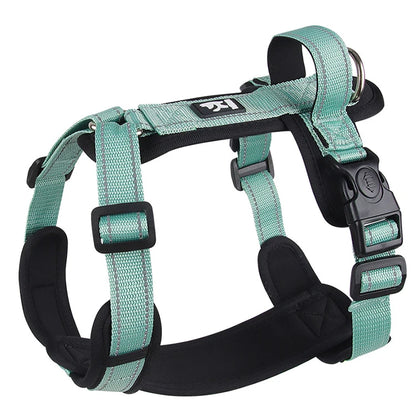 harnais chiot de couleur vert et noir avec attache réglable et poignée. Image produit Boutiquechien