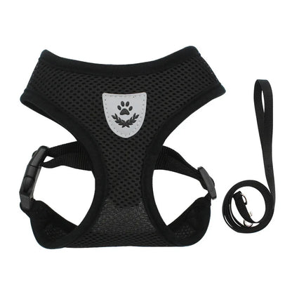 Harnais pour chien en nylon respirant de couleur noir avec laisse assortie. Image produit Boutiquechien 
