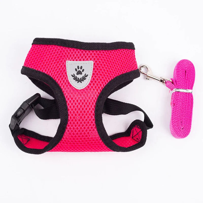 Harnais pour chien en nylon respirant de couleur rose avec laisse assortie. Image produit Boutiquechien 