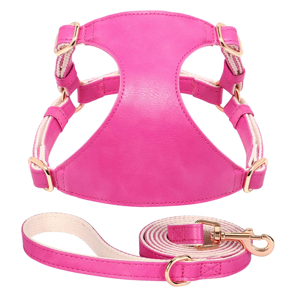Harnais petit chien rose en cuir résistant et durable avec une laisse pour chien accordé au harnais. Image produit Boutiquechien 