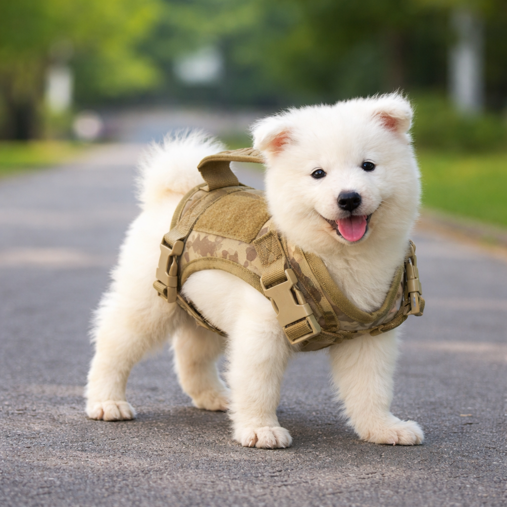 Chiot blanc portant un harnais chien de couleur militaire dans un parc