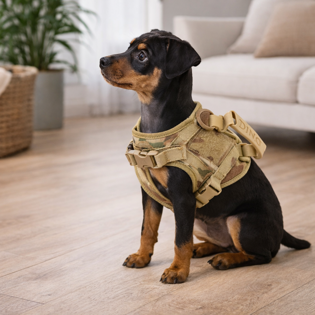 Chiot de couleur noir et burn portant un harnais chiot de couleur militaire dans une salon de couleur claire avec en fond un canapé et une plante verte