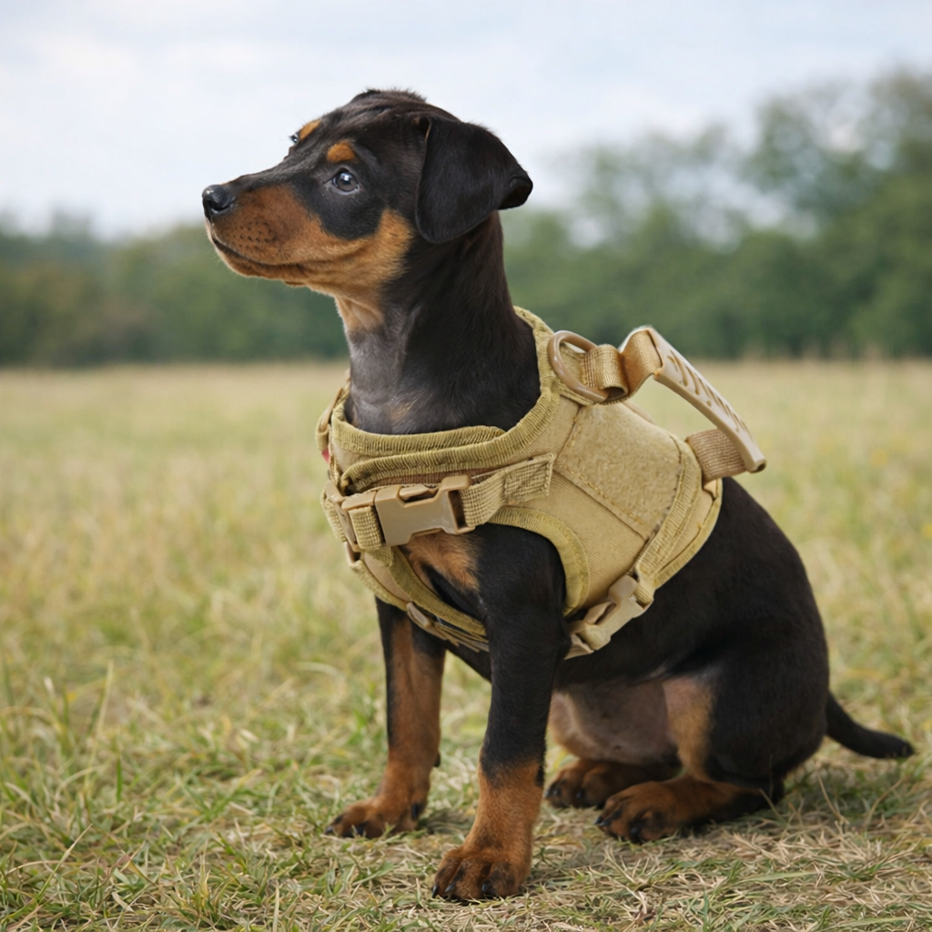 harnais chiot malinois portant un harnais chiot de couleur beige avec un chiot assis dans un champ avec en fond des arbres vert