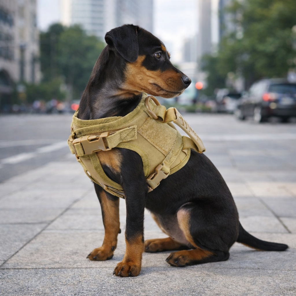harnais chiot malinois de couleur beige avec sur le harnais des poignées et des attaches. Le harnais est sur un petit chien noir et brun dans une grande ville