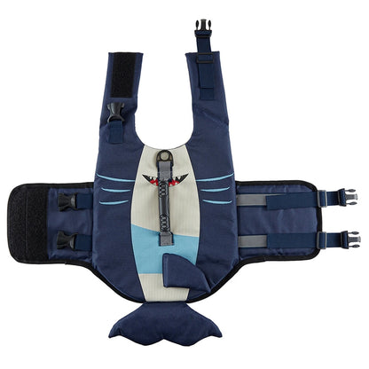 Harnais de sauvetage pour chien en forme de requin de couleur bleu avec une vue du dessus. Image produit Boutiquechien
