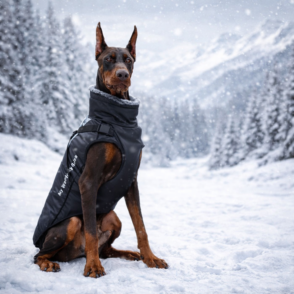 Harnais gros chien hiver sur un doberman de couleur fonce assis dans la neige blanche 