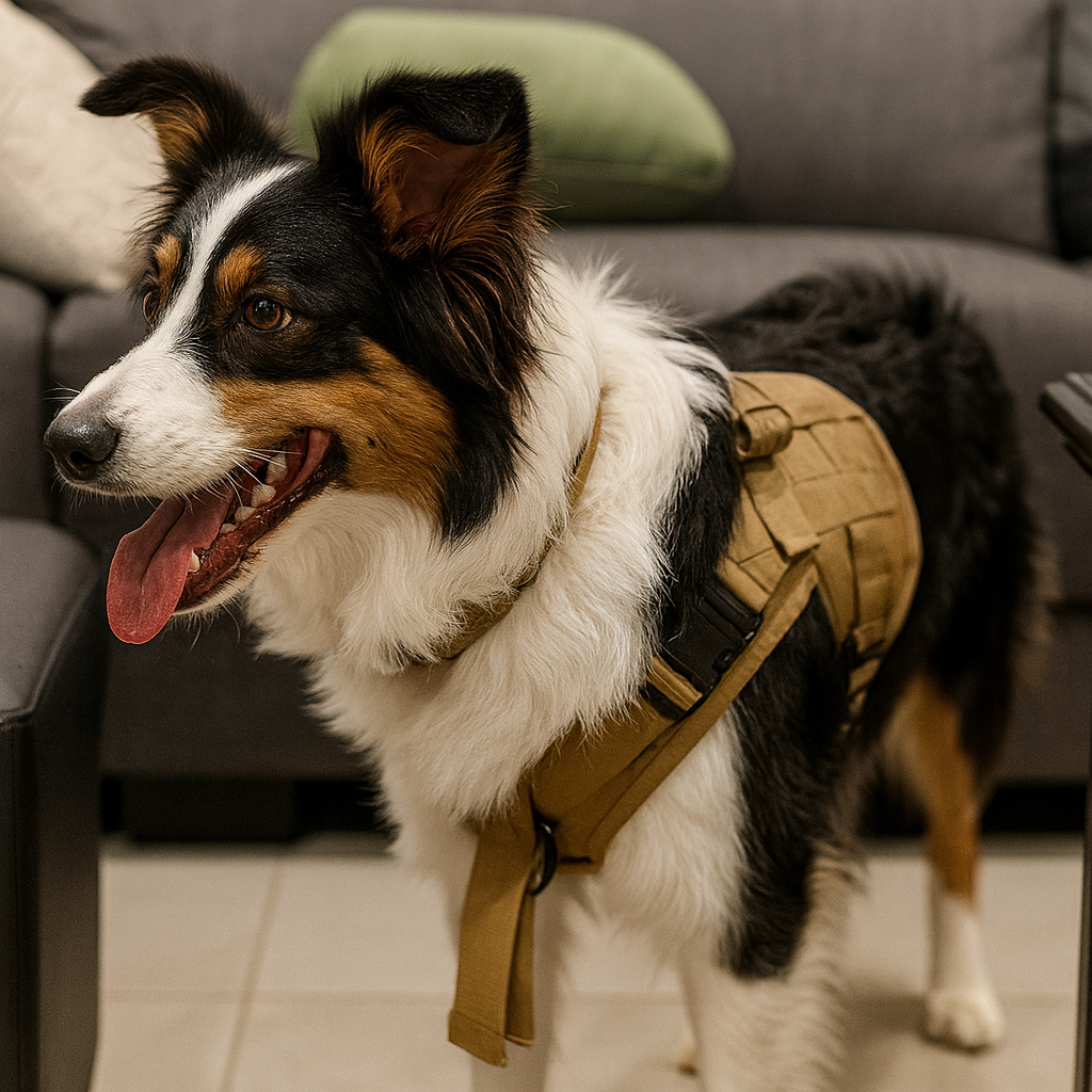 grand chien de couleur noir et blanc portant un harnais tactique de couleur beige dans un salon. Il y a un canapé de couleur gris