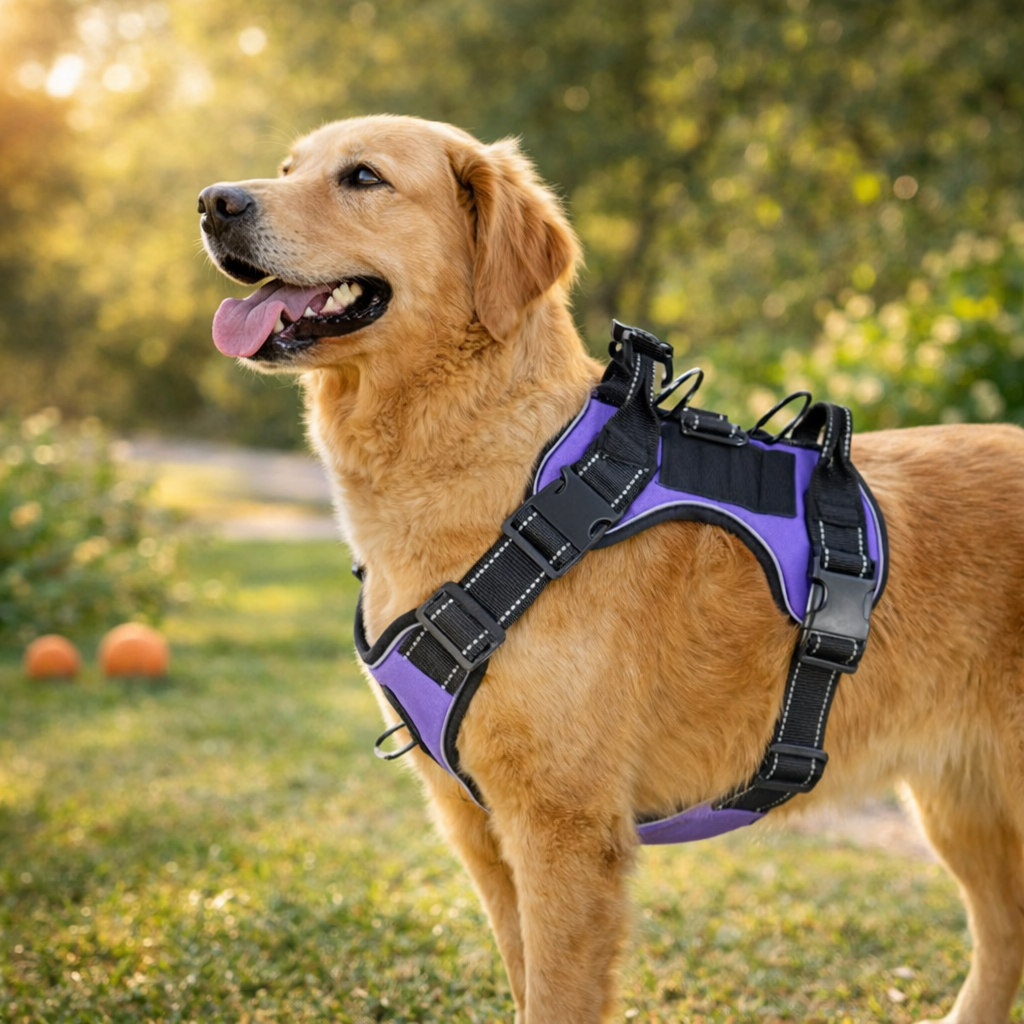 gros chien claire avec un harnais gros chien violet dans un jardin vert 