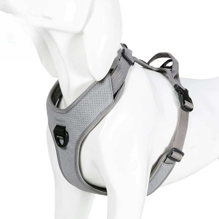 harnais pour petit chien parachute de couleur gris sur un mannequin chien