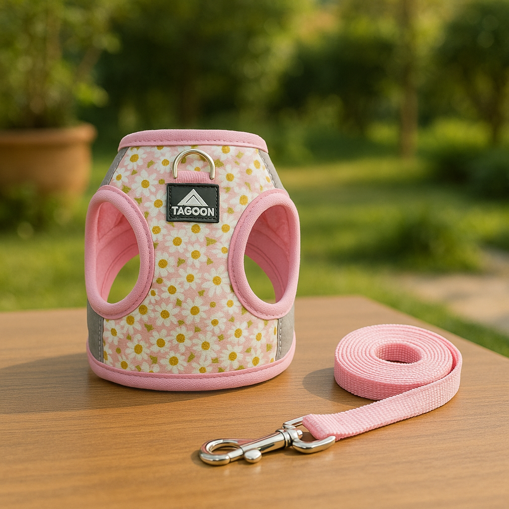 Petit harnais avec laisse assortie de couleurs rose. Harnais chiot posé sur une table à l'extérieur. Image produit Boutiquechien