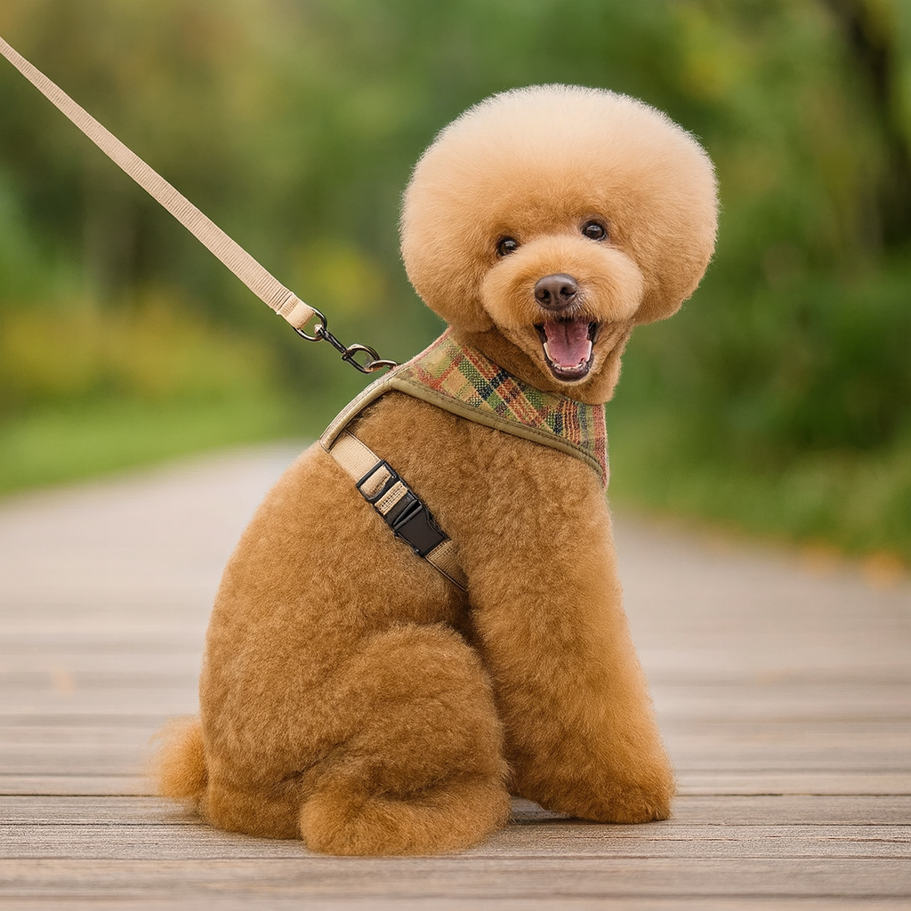 Harnais petit chien en y a carreau beiges sur un passage en bois en forêt. Image produit Boutiquechien