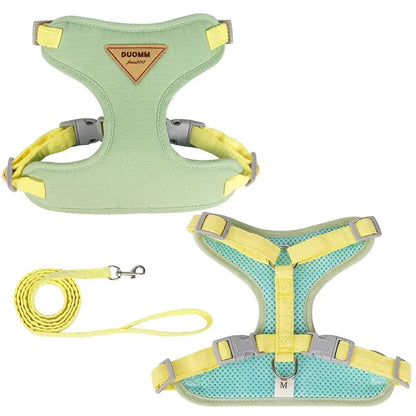 Harnais pour petit chien respirant de couleur jaune avec laisse assortie. La laisse est de couleur jaune et le plastron du harnais est de couleur verte. Image produit Boutiquechien