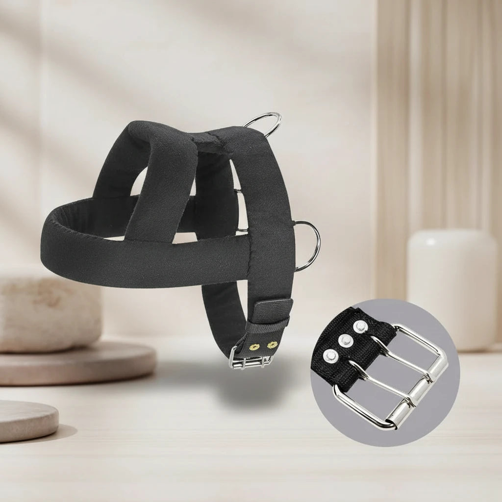 Harnais pour chien anti traction de couleur noir rembourré dans un fond de salon. Image produit Boutiquechien
