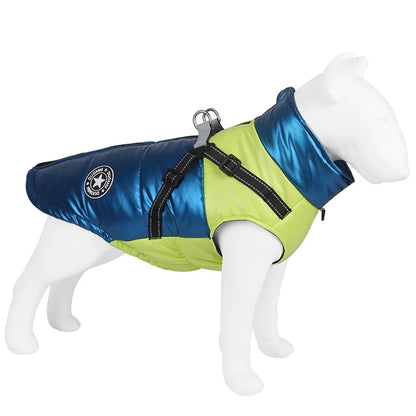 Harnais veste pour chien de couleur bleu posé sur un mannequin chien. Image produit Boutiquechien