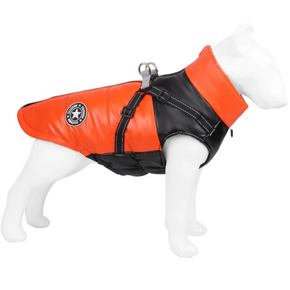 Harnais veste pour chien de couleur orange posé sur un mannequin chien. Image produit Boutiquechien