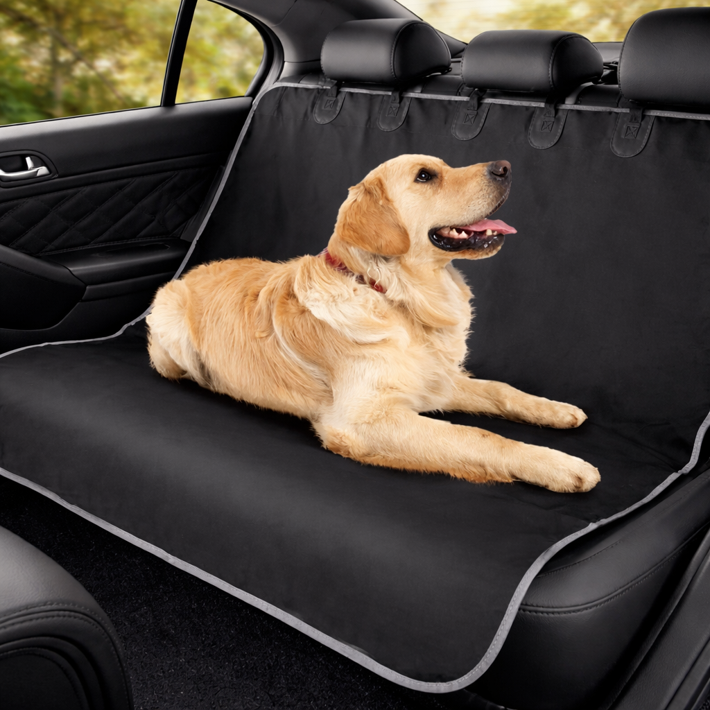 Housse protection siege arriere voiture pour chien avec un gros chien blanc couche dessus 