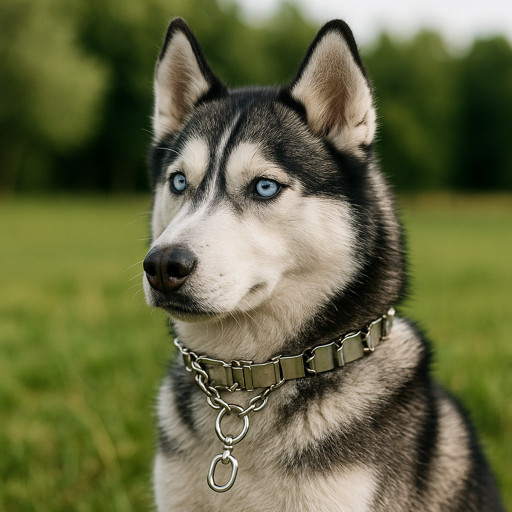 collier chien avec un collier chien étrangleur en métal. Le husky est de couleur blanc et noir assis dans une pleine de couleur verte. Image produit Boutiquechien