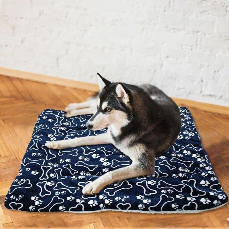 Husky blanc et noir couché sur un tapis de couleur blanc et blanc. Le tapis est posé sur un sol en bois et un mur en pierre. Image produit Boutiquechien  Image