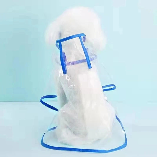 Imperméable pour chien de couleur transparent et bleu. Le chien blanc est assis de dos. Image produit Boutiquechien