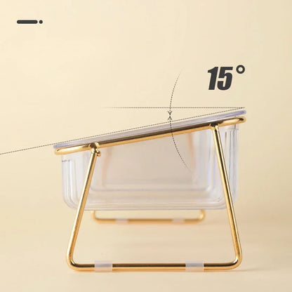 Inclinaison de la gamelle pour chien transparente avec trépied or. Image produit Boutiquechien