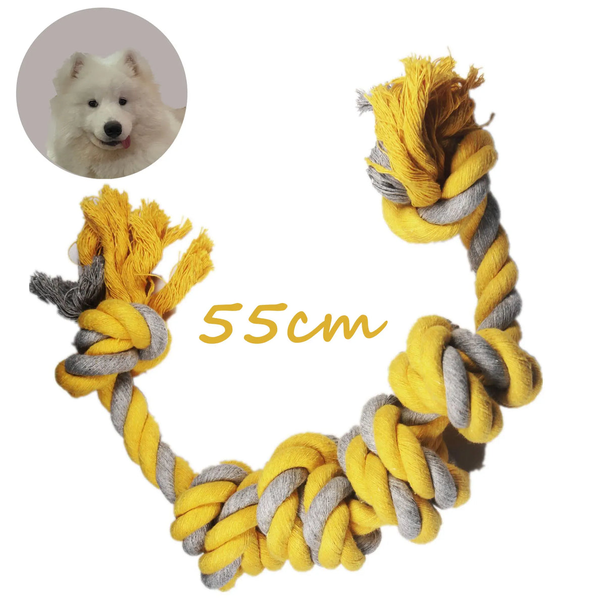 taille de l'os résistant en corde pour chien. L'os en corde de couleur jaune et gris style corde resistant de Boutiquechien
