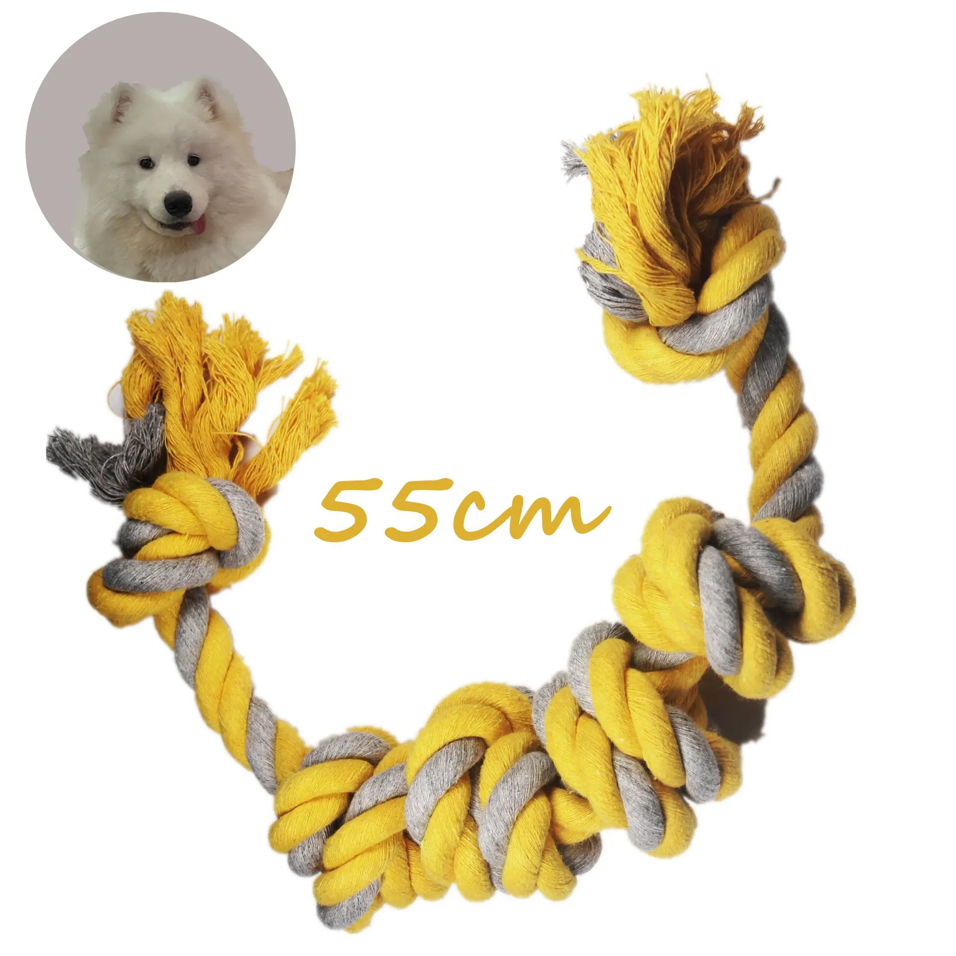 taille de l'os résistant en corde pour chien. L'os en corde de couleur jaune et gris style corde resistant de Boutiquechien