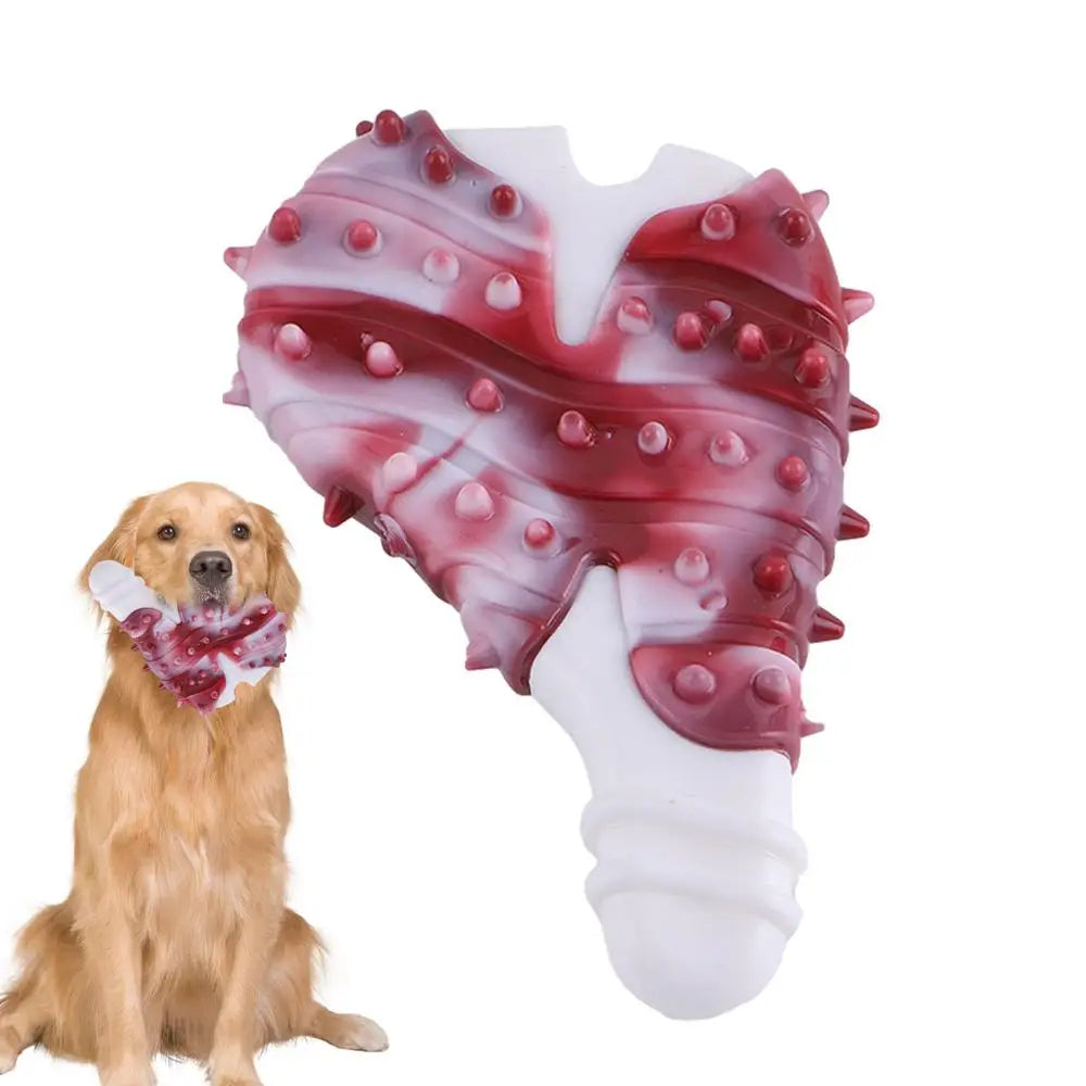 Chien jouant avec un jouet à mâchouiller en forme de viande. Image produit Boutiquechien