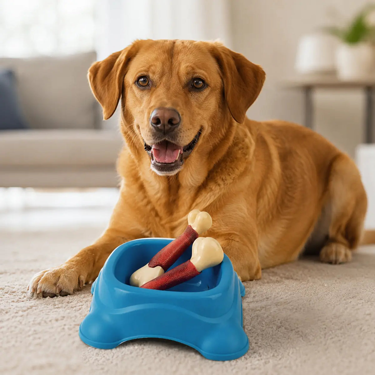Jouet effet os pour chien avec un chien brun couché devant la gamelle bleu contenant les os Image