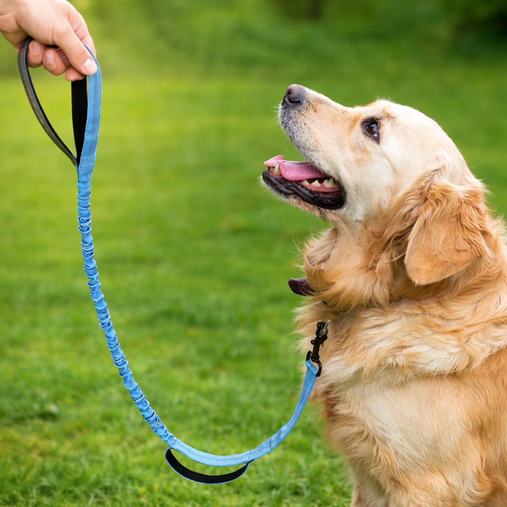 Laisse canicross petit chien tenant un grand chien blanc dans l'herbe verte