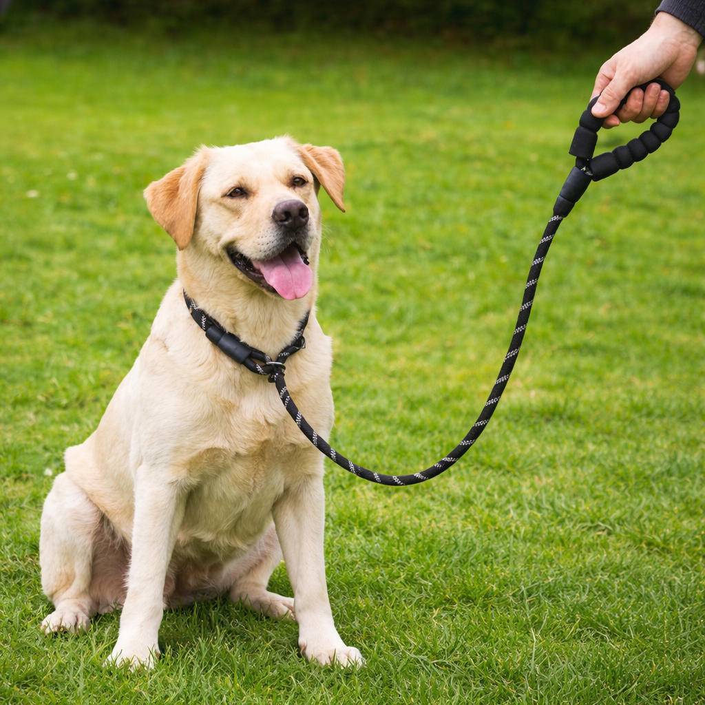 Laisse chien corde 2m noir tenant un grand chien blanc dans un parc vert