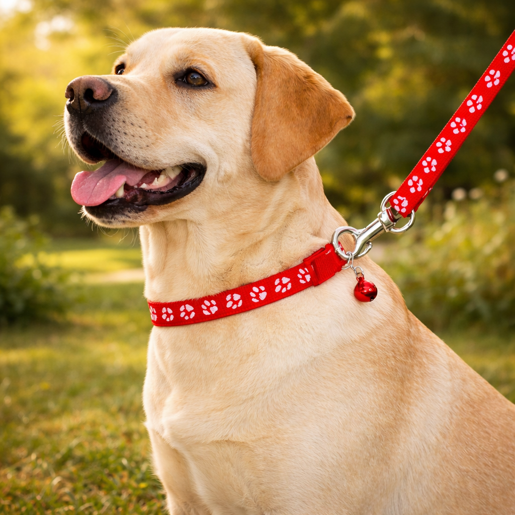 Laisse collier chiot de couleur rouge et blanc sur un grand chien blanc dans en fond une forêt verte 