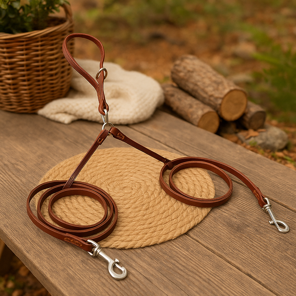 Laisse double cuir de couleur brun posé sur une table en bois dans un bois. Image produit Boutiquechien