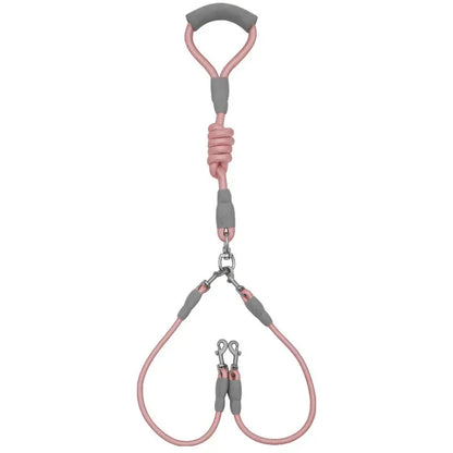 laisse double chiot résistant durable de couleur rose et gris. Laisse parfait pour promener deux chiens avec les poignées rembourré. Image produit Boutiquechien 