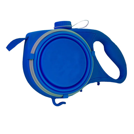laisse enrouleur pour chien  de couleur bleu. Laisse avec capacité de stockage d'eau et de gamelle. Image produit boutiquechien