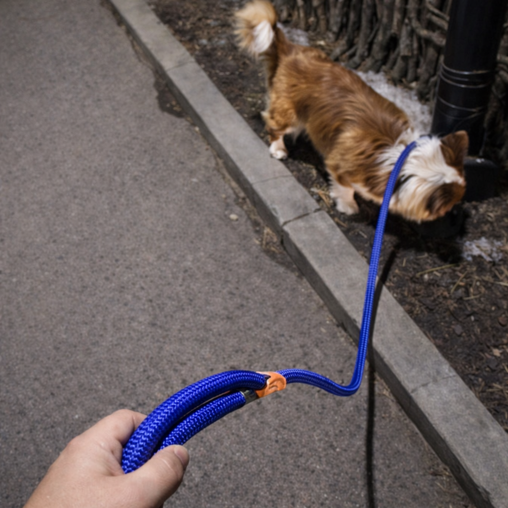 Laisse lasso avec frein de couleur bleu tenant un chien dans la rue 