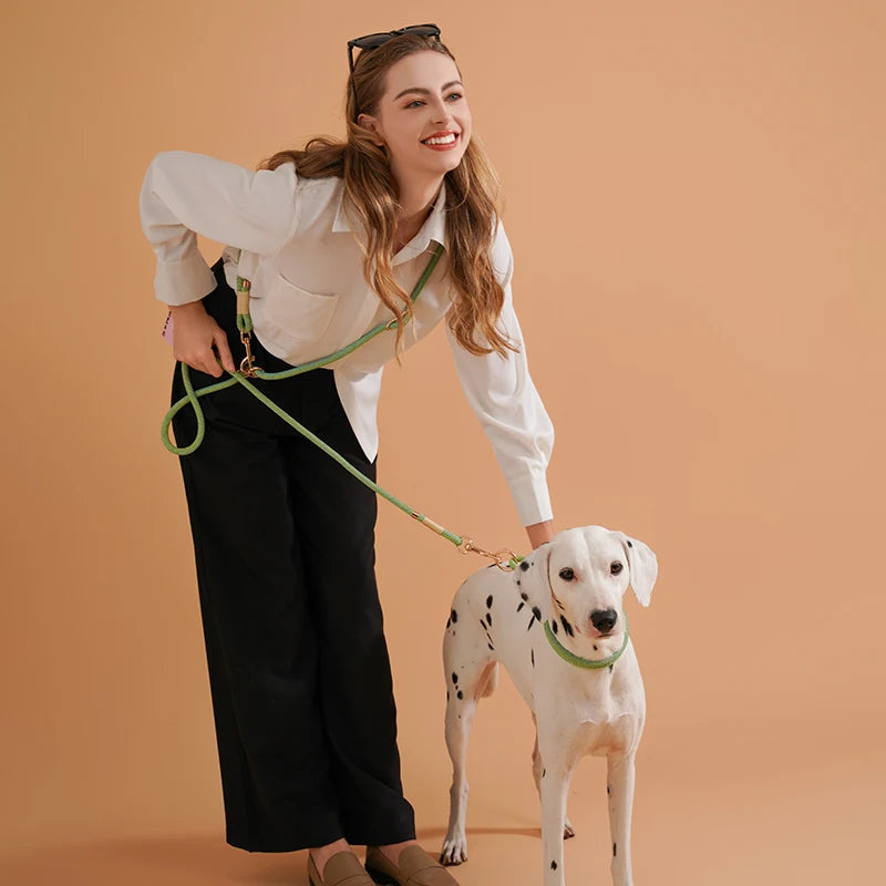 Laisse lasso design de couleur vert avec une femme habillée avec élégance. Il y a un chien très élégant avec des tâches noir. Image produit Boutiquechien