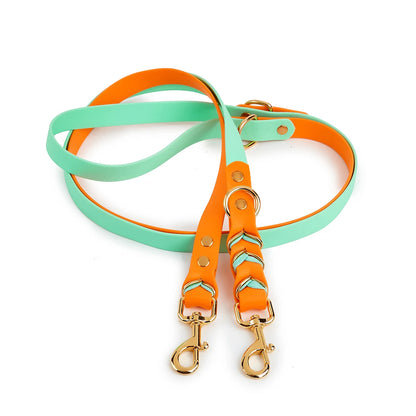 laisse lasso verte et orange pour chien en PVC. La laisse pour chien est de couleur verte et orange et résistante de boutiquechien