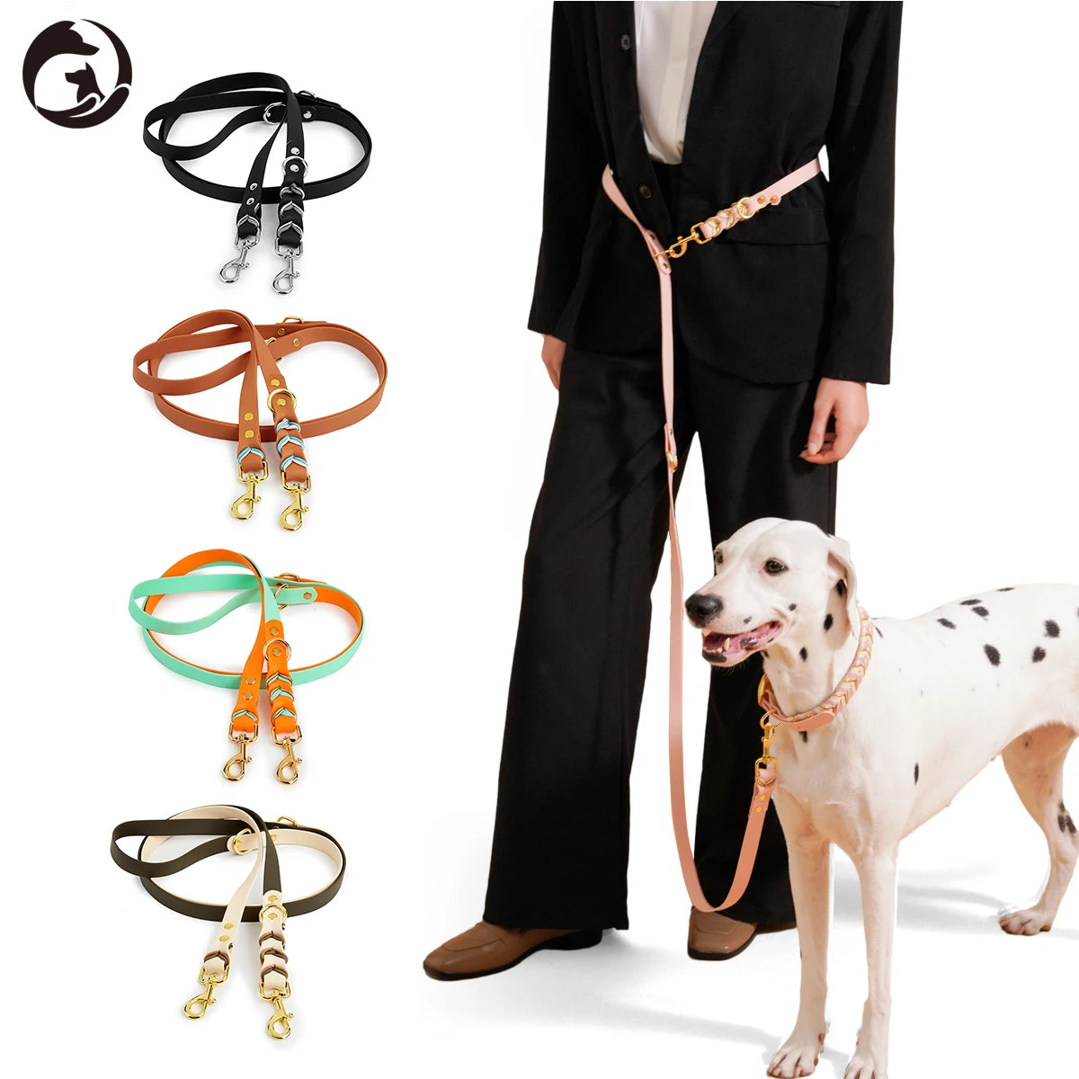 laisse lasso pour chien design. Avec une femme élégante habillé en noir en tenant son chien avec la laisse lasso en caoutchouc rose. Image produit Boutiquechien