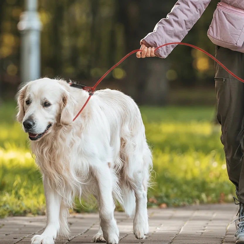 Laisse lasso pour chien de chasse sur un gros chien blanc avec une personne tenant la laisse lasso  Image