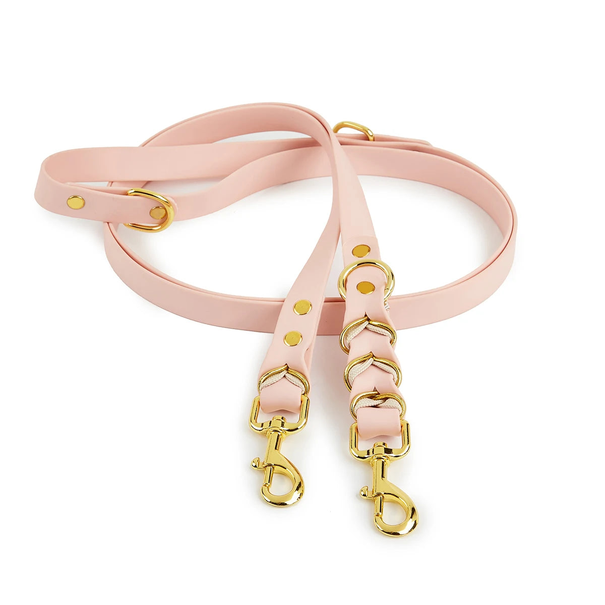 laisse lasso rose pour chien en PVC avec rappel en or. Image produit Boutiquechien