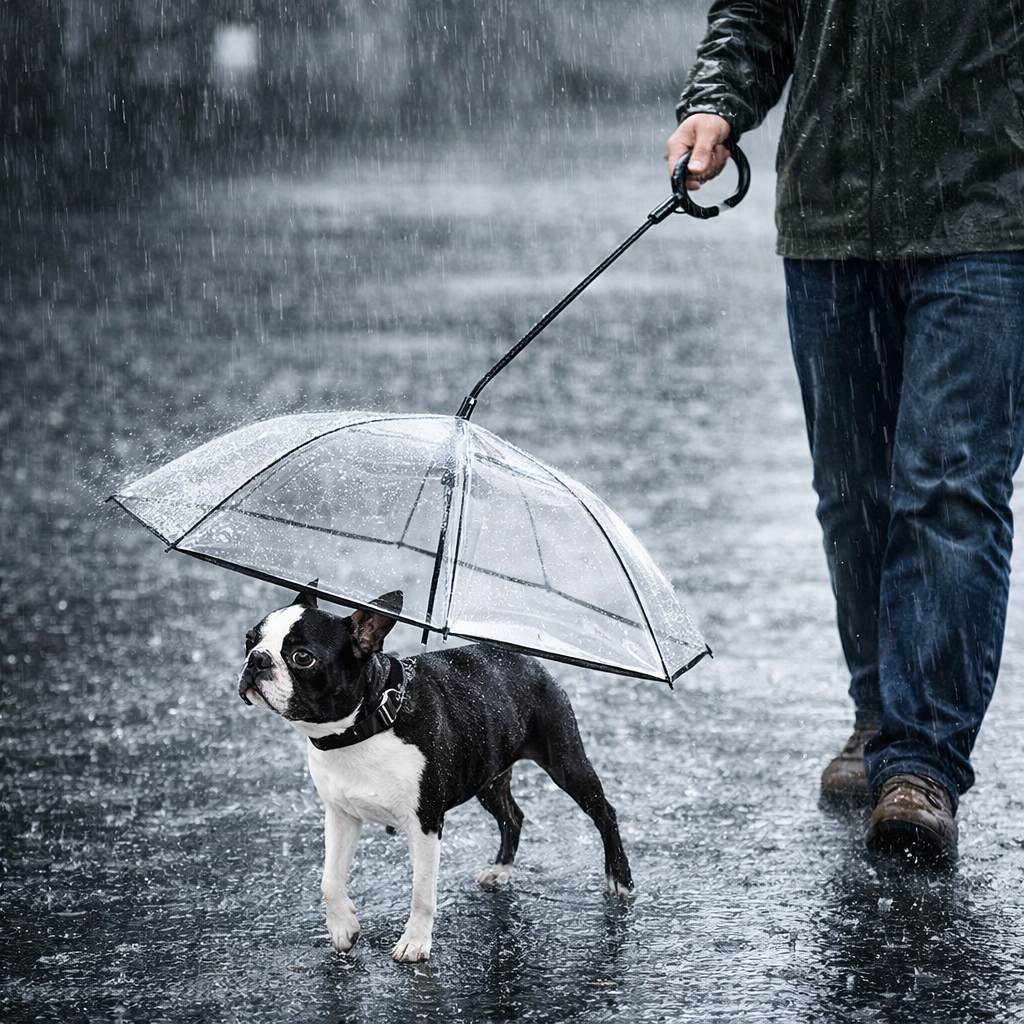 Laisse parapluie pour chien avec un chien se faisant promener sous la pluie Image