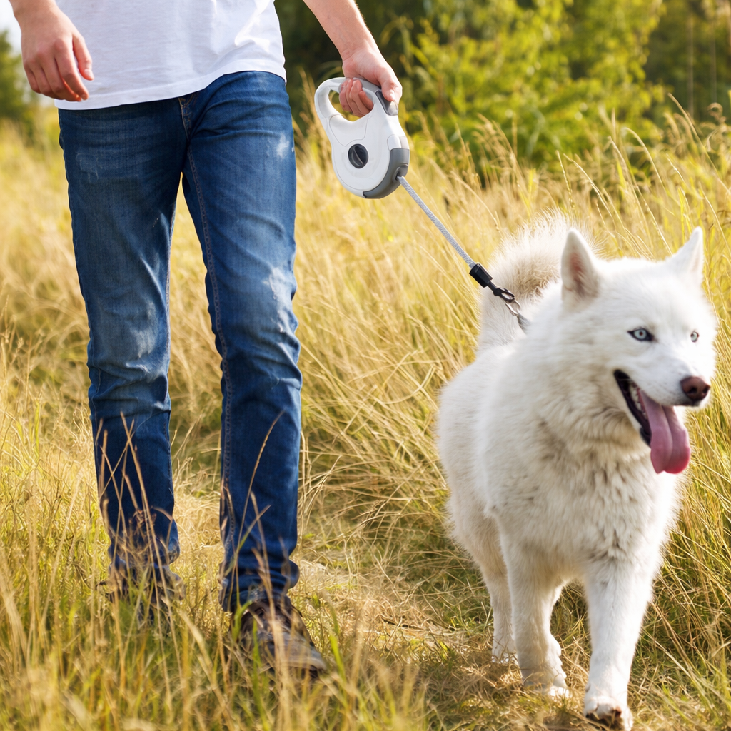 Laisse pour chiot labrador avec un homme et un chien dans l'herbe Image