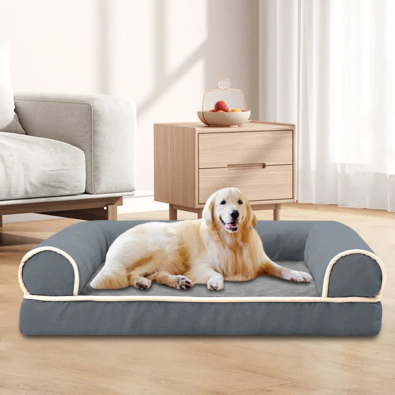 grand chien blanc sur un lit panier pour chien xxl gris dans un salon claire Image
